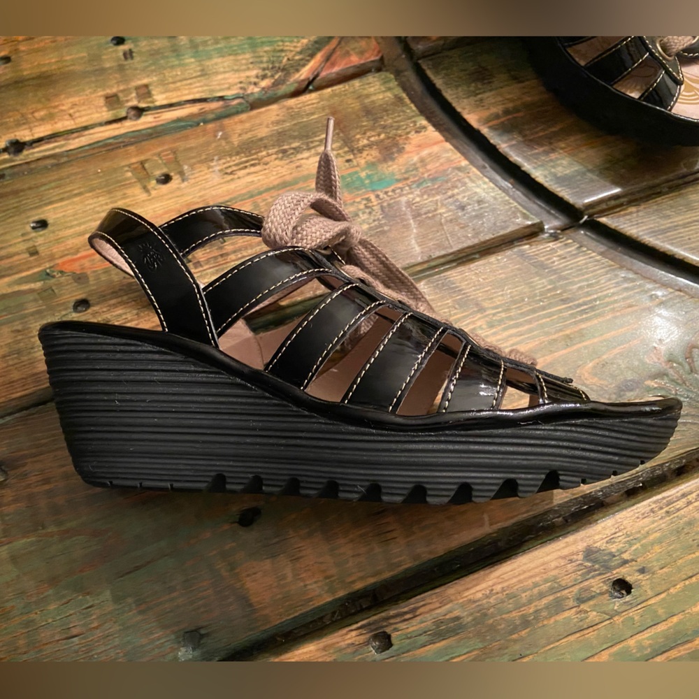 FLY London Multi-strap Lace Up Wedge Black Patent Yito Sandals - Picture 11 of 11